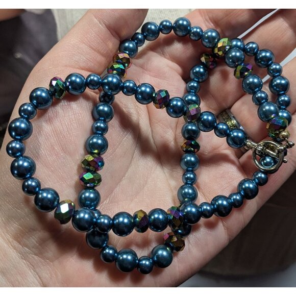 Handmade Mermaidcore Metallic Blue Faux Pearl And AB Glass Beaded Necklace - Picture 4 of 6